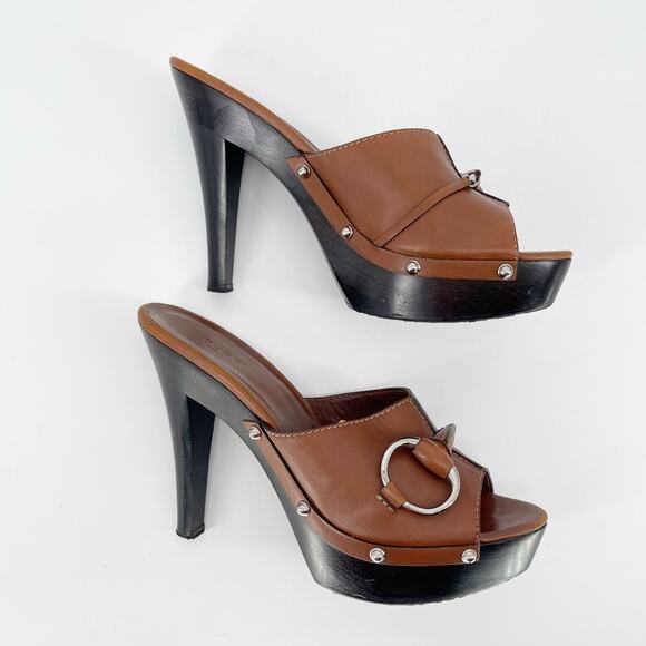 Gucci Cognac Brown Leather Icon Bit Platform Clog High Heel Slide Sandal EU 39.5 - Picture 4 of 12